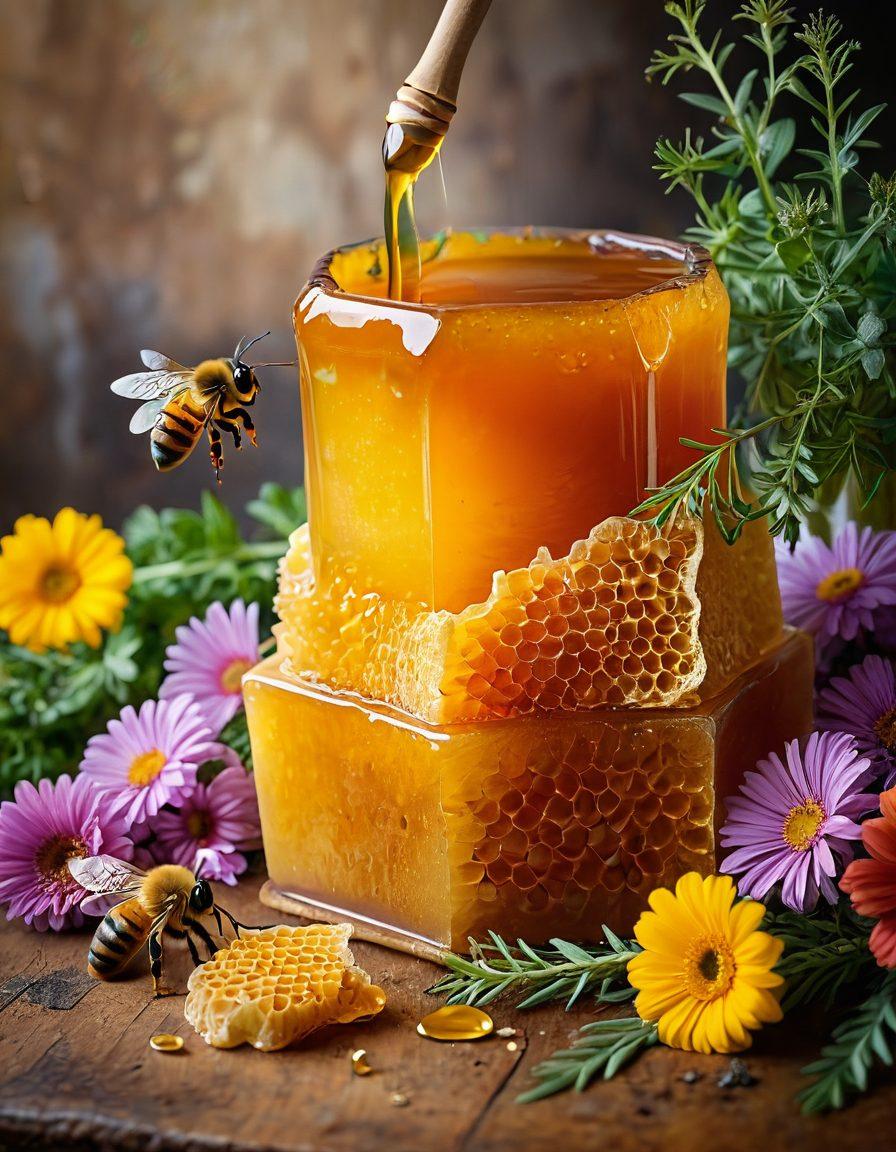 A close-up of a honeycomb dripping with golden honey, surrounded by vibrant flowers and herbs. Include a jar of honey with a rustic wooden spoon resting beside it, as well as bees delicately hovering in the background. The lighting should be warm, evoking a sense of sweetness and health. Bright, cheerful colors to convey the richness of nature’s bounty. super-realistic. vibrant colors. white background.