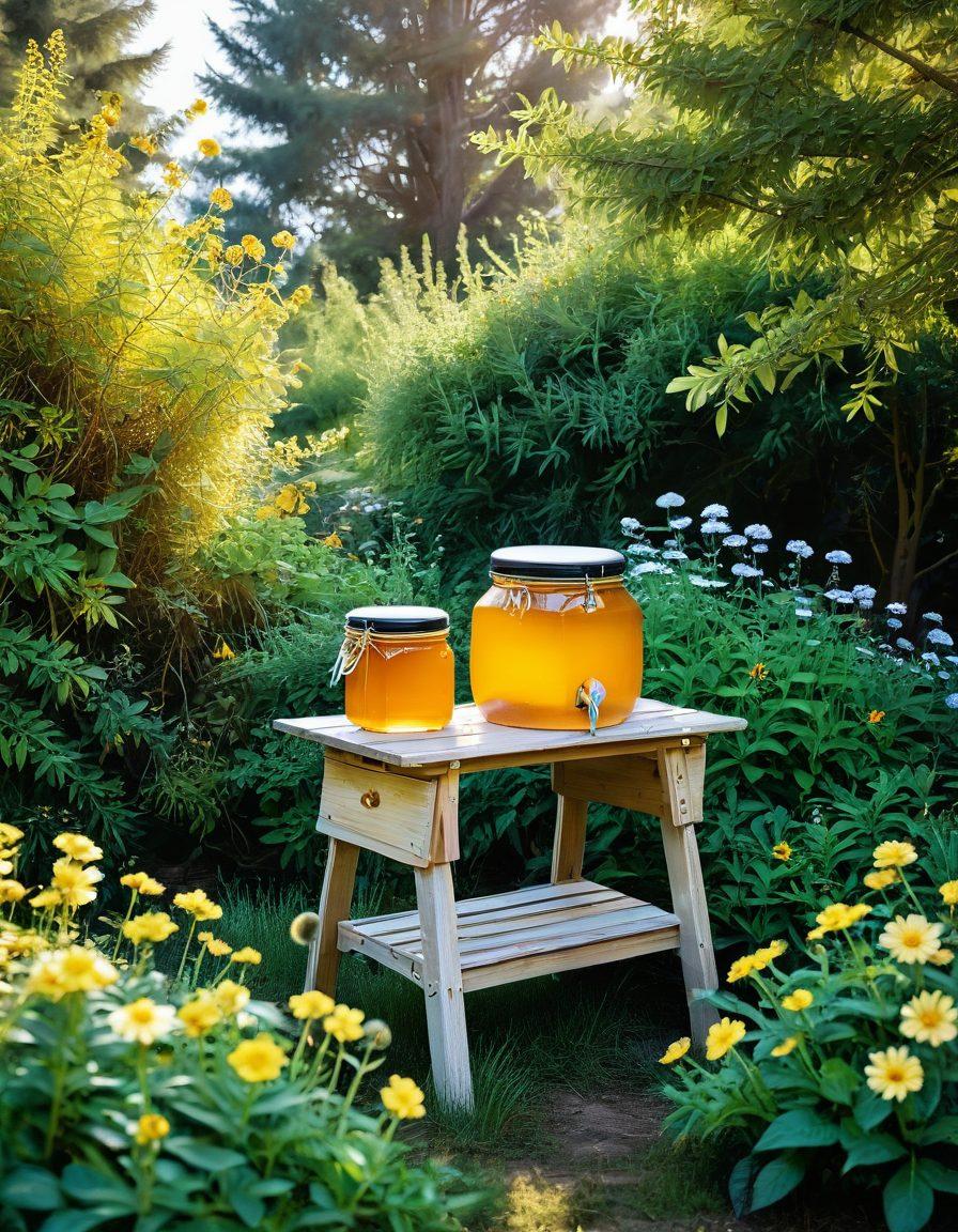 A serene backyard scene showcasing a modern beehive surrounded by blooming flowers and lush greenery. Vibrant jars of honey are artistically arranged on a rustic wooden table, reflecting the golden hues of honey. Include a beekeeper gently tending to the hive, highlighting the connection between nature and sustainability. Soft sunlight filters through the trees, creating a warm and inviting atmosphere. watercolor painting. vibrant colors. natural setting.