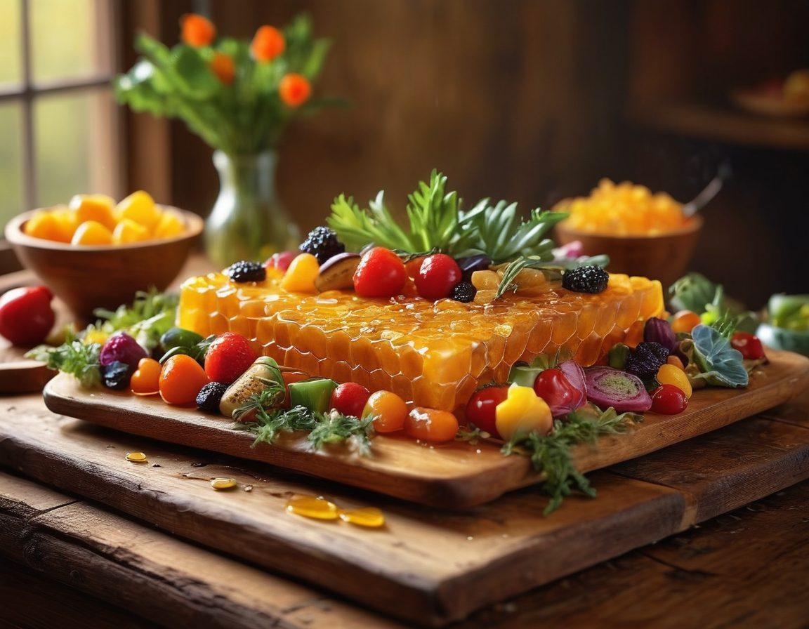 An enticing display of gourmet dishes adorned with glistening drizzles of honey, showcasing a variety of textures and colors. Include honeycomb segments, vibrant vegetables, and succulent fruits, all arranged on a rustic wooden table. Soft, warm lighting creates a cozy atmosphere that highlights the sweetness of honey in culinary delights. The background features a blurred kitchen setting to add context. super-realistic. vibrant colors. soft focus.